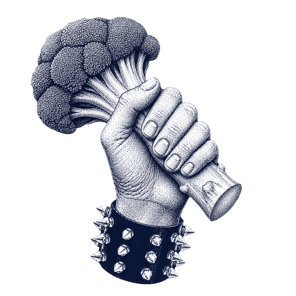 A spiked-wristband fist holding a head of broccoli aloft like a weapon